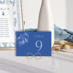 Blaue Chinoiserie-Vogelkäfig-Hochzeit Tischnummer