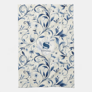Blaue Chinoiserie-Wasserfarbe-Vine & Floral Geschirrtuch