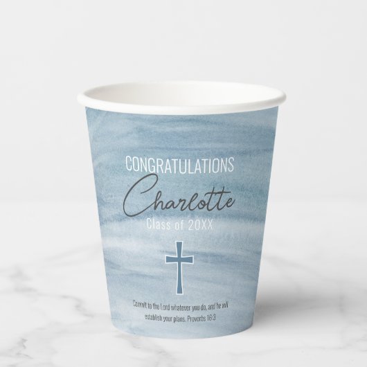 Blaue christliche Abschlusskreuz-Abschlussfeier Pappbecher (Vorderseite)