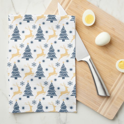 BLAUE CHRISTMAS TREES & YELLOW HOLIDAY REINDEER GESCHIRRTUCH (Viertel Falte)