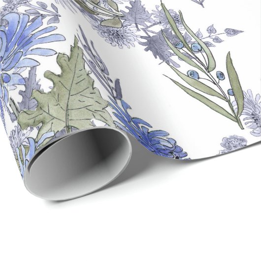 Blaue Chrysanthemen, Aquarellen Geschenkpapier (Rolleneckpunkt)