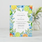 Blaue Citrus-Blütenhochzeit Einladung (Stehend Vorderseite)