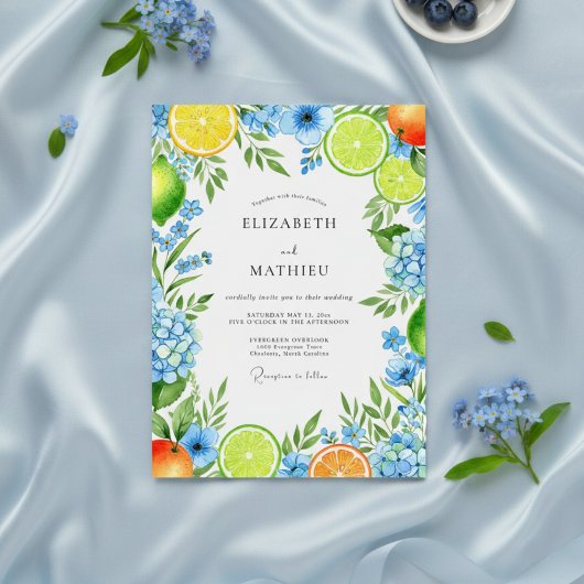 Blaue Citrus-Blütenhochzeit Einladung