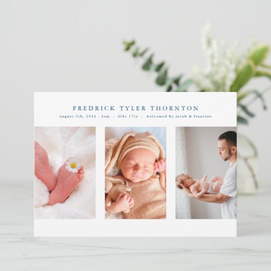 Blaue Collage des neugeborenen Fotos Ankündigung (Stehend Vorderseite)