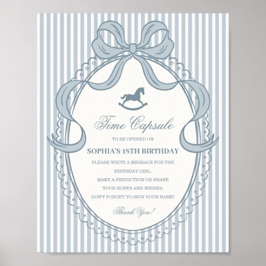 Blaue Coquette-Bogen-Schaukelpferd-Zeitkapsel Poster (Vorne)
