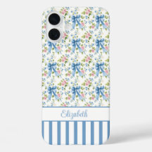 Blaue Coquette-Schleifen mit Blumen monogrammiert
