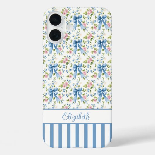 Blaue Coquette-Schleifen mit Blumen monogrammiert Case-Mate iPhone Hülle (Rückseite)