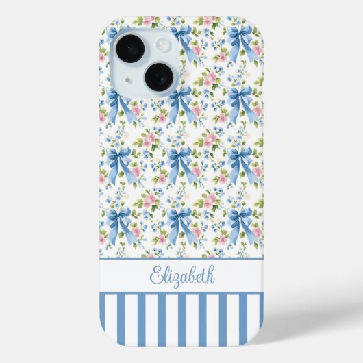 Blaue Coquette-Schleifen mit Blumen monogrammiert Case-Mate iPhone Hülle (Rückseite)