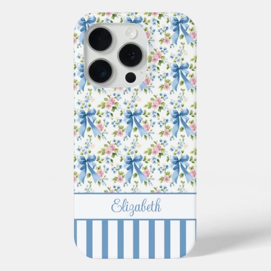 Blaue Coquette-Schleifen mit Blumen monogrammiert Case-Mate iPhone Hülle (Rückseite)