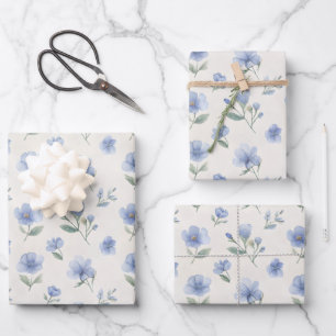 Blaue Cottagecore-Wildblumen-Botanikdruck Geschenkpapier Set