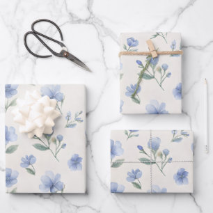 Blaue Cottagecore-Wildblumen-Botanikdruck Geschenkpapier Set