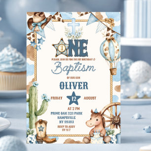 Blaue Cowboy-Taufe & Rodeo-Party Einladung