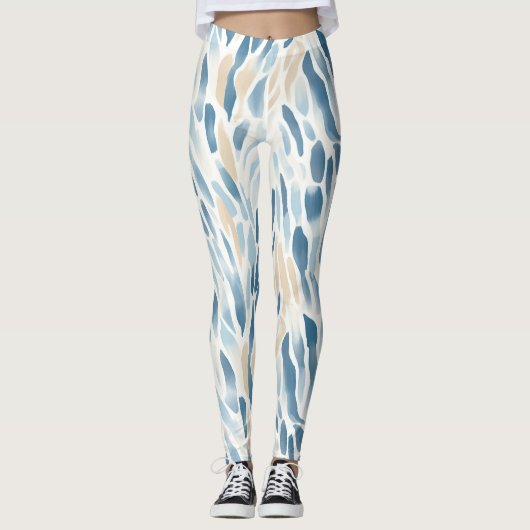 Blaue Creme Abstrakte Tierdrucke Leggings (Vorderseite)
