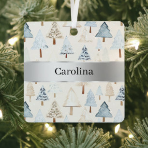 Blaue Creme Bäume Silbernes Band Weihnachten Ornament Aus Metall