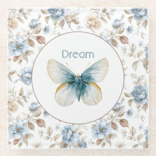 Blaue Creme Beige Braune Blumen Schmetterling Glasuntersetzer