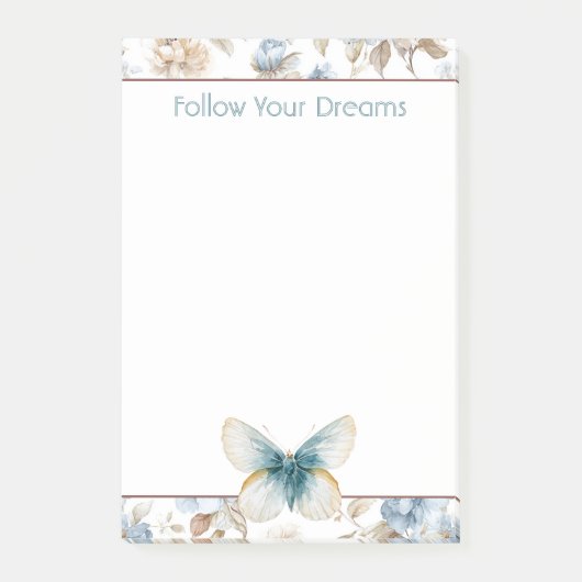 Blaue Creme Beige Braune Blumen Schmetterling Post-it Klebezettel (Vorderseite)