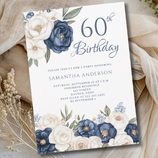 Blaue Creme Blumen-Aquarell 60. Geburtstag Einladung