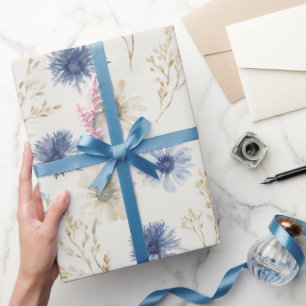 Blaue Creme Blumen Brautparty Geschenkpapier