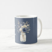 Blaue Creme Blumen Glas Kaffeetasse (VorderseiteRechts)