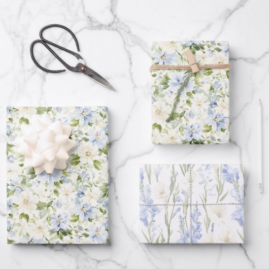 Blaue Creme Blumen Hochzeit Geschenkpapier Set (Vorderseite)