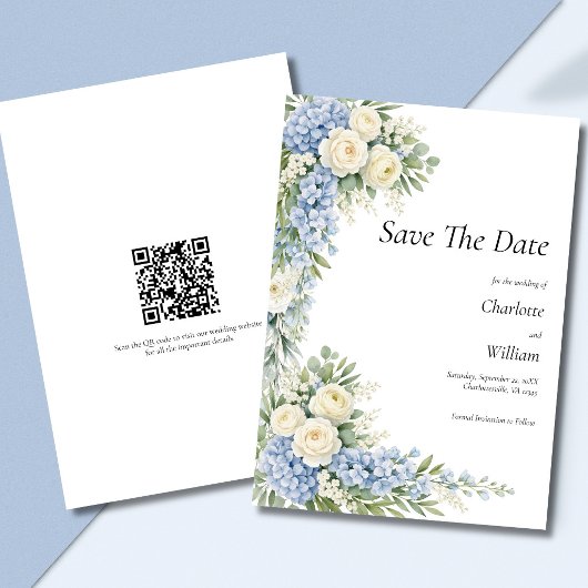 Blaue Creme-Blumen Hochzeit Termin merken QR-Code Einladung