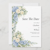 Blaue Creme-Blumen Hochzeit Termin merken QR-Code Einladung (Vorderseite)