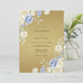 Blaue Creme Blumen Hochzeitsromantik Einladung (Stehend Vorderseite)