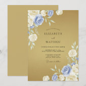 Blaue Creme Blumen Hochzeitsromantik Einladung (Vorne/Hinten)