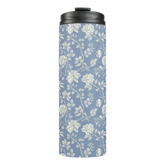 Blaue Creme Blumenmuster   Thermosbecher (Vorderseite)
