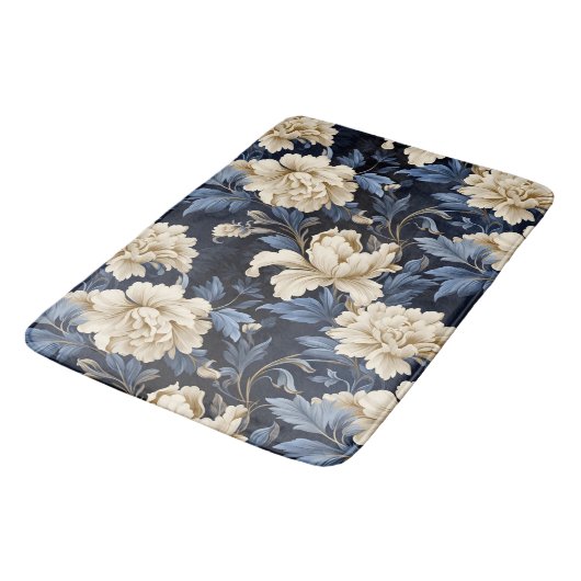Blaue Creme floral Moderne Badematte (Schrägansicht)