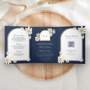 Blaue Creme Gelbe Daisy bei einer Hochzeit Dreifach Gefaltete Einladung