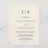 Blaue Creme Monogram Einfache Minimalistische Hoch Einladung (Vorne/Hinten)