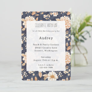 Blaue Creme Peach Floral 50. Geburtstag Einladung