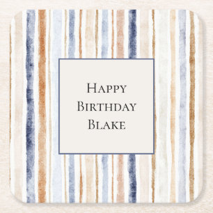 Blaue Creme Streifen Geburtstag Rechteckiger Pappuntersetzer