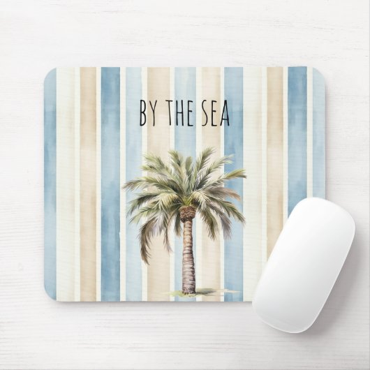 Blaue Creme Streifen Tropischer Palmenbaum Mousepad (Mit Mouse)