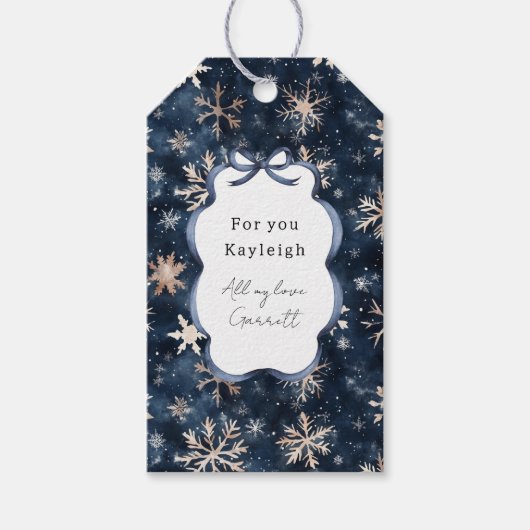 Blaue Creme Weihnachts-Schneeflocken Geschenkanhänger (Vorderseite)