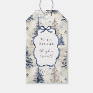 Blaue Creme Weihnachtsbäume Schneeflocken Geschenkanhänger
