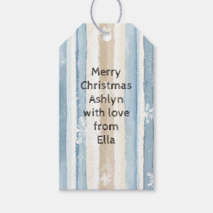 Blaue Creme WeihnachtsStreifen Schneeflocken Geschenkanhänger