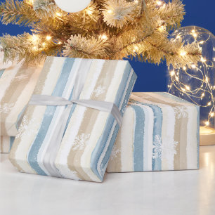 Blaue Creme WeihnachtsStreifen Schneeflocken Geschenkpapier