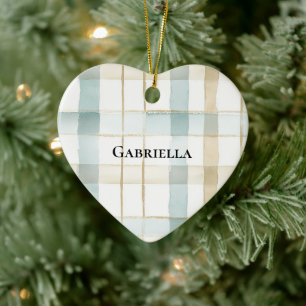 Blaue Creme Weiße Karierte Streifen Weihnachten Keramik Ornament
