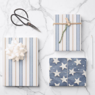 Blaue Creme Weiße Streifen Vatertag Geschenkpapier Set