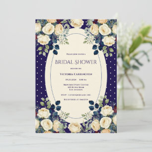 Blaue & cremefarbene Punkte Blumen Elegante Brautp Einladung