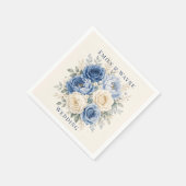 Blaue & cremefarbene Rosen Hochzeit Serviette (Ecke)