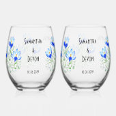 Blaue Crocuses Stemless Wine Glasses Weinglas Ohne Stiel (Vorderseite)