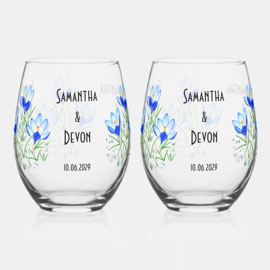 Blaue Crocuses Stemless Wine Glasses Weinglas Ohne Stiel (Vorderseite)