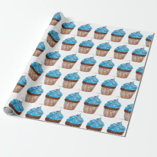 Blaue Cupcake-Party-Verpflegung Geburtstag Wasserf Geschenkpapier