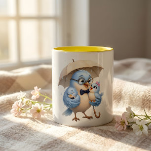 Blaue Daddy-Vogel- und Babyvögel-Kaffeetasse Zweifarbige Tasse
