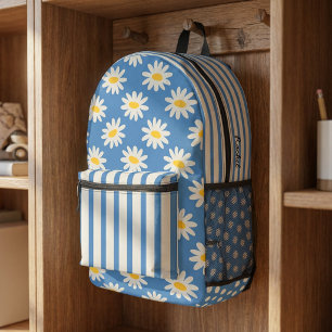 Blaue Daisy Blumen & Retro gestreifte personalisie Bedruckter Rucksack