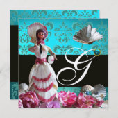 BLAUE DAMASK BEACH WEDD - BRAUTPARTY MONOGRAM EINLADUNG (Vorne/Hinten)