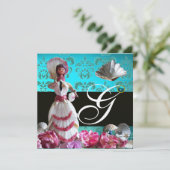 BLAUE DAMASK BEACH WEDD - BRAUTPARTY MONOGRAM EINLADUNG (Stehend Vorderseite)